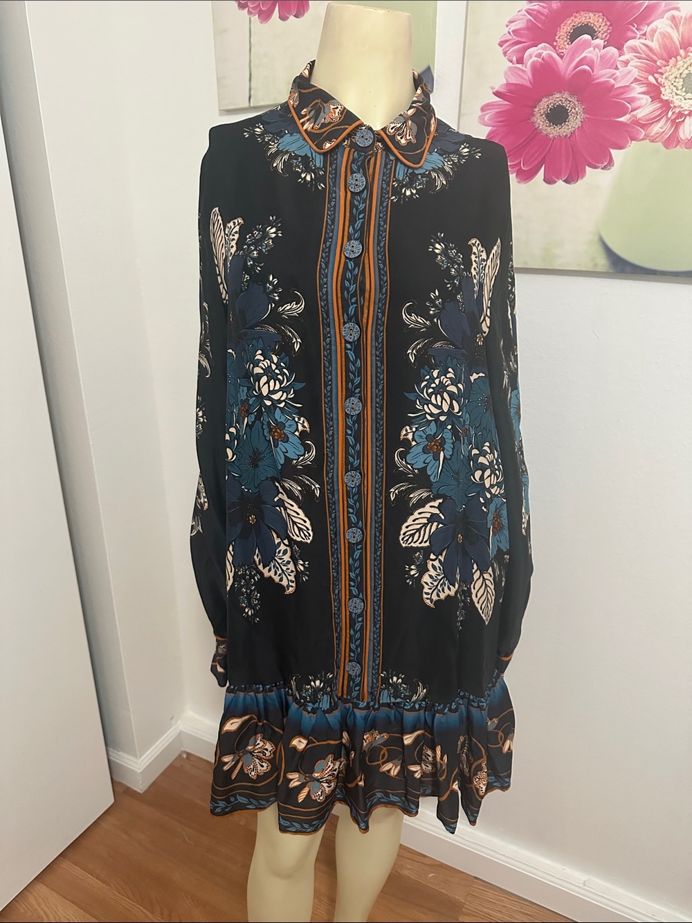 FARM Rio Black Satin Dress with Teal and Cream Floral Print